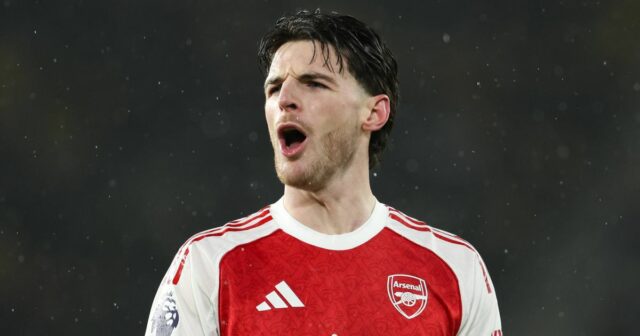Declan Rice z Arsenalu počas zápasu Premier League medzi Wolverhampton Wanderers a Arsenalom v Molineux 18. februára 2026 v anglickom Wolverhamptone. 