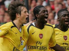 Nenávidím Arsenal kvôli tomu, ako sa ku mne správal manažér – nemal som inú možnosť, ako odísť Emmanuel Adebayor oslavuje s Kolom Tourem a Tomášom Rosickým