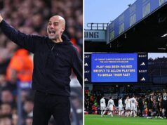 Pep Guardiola vyzýva na rešpekt po tom, čo fanúšikovia Leedsu vypískali Ramadán počas výhry Manchestru City Celkový pohľad, keď obrazovka na zemi oznamuje prestávku v hre, aby hráči mohli prerušiť pôst na Ramadán počas zápasu Premier League...