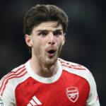 Declan Rice z Arsenalu počas zápasu Premier League medzi Tottenhamom Hotspur a Arsenalom na štadióne Tottenham Hotspur 22. februára 2026 v Londýne v Spojenom kráľovstve.