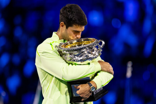 21. januára 2026; Melbourne, Viktória, Austrália; Aryna Sabalenka v akcii proti Číňanke Zhuoxuan Bai v 2. kole dvojhry žien na Australian Open v Rod Laver Arene v Melbourne Parku. Povinný kredit: Mike Frey-Imagn Images