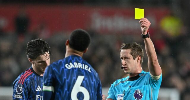 Gabriel Magalhaes dostáva žltú kartu počas remízy Arsenalu na ihrisku Brentfordu