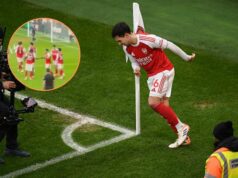 Zábery fanúšikov ukazujú, čo urobil Martin Zubimendi po skórovaní úvodného zápasu proti Sunderlandu Martin Zubimendi z Arsenalu oslavuje prvý gól svojho tímu počas zápasu Premier League medzi Arsenalom a Sunderlandom na ihrisku Emirates...