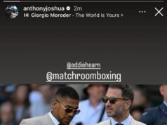 Anthony Joshua strieľa na Conora Benna v príspevku na Instagrame, keď Brit prejavuje svoju podporu dlhoročnému promotérovi Eddiemu Hearnovi po tom, čo bývalý kolega zo stajne odišiel z Matchroomu do rivala Zuffa Boxing Anthony Joshua (vľavo) sa v utorok pripojil na Instagram, aby podporil Eddieho Hearna (vpravo) po tom, čo Conor Benn minulý mesiac odišiel zo svojho Matchroom Boxing pre rivala Zuffa Boxing.
