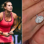 Aryna Sabalenková z Bieloruska predvádza svoj zásnubný prsteň po zápase proti Himeno Sakatsume z Japonska počas dňa 3 BNP Paribas Open v Indian Wells Tennis Garden. Kredit: Harry How/Getty