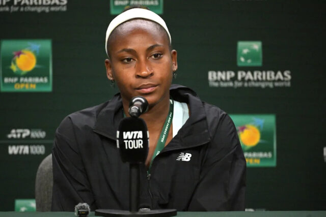 3. marca 2026; Indian Wells, CA, USA; Coco Gauff (USA) hovorí pre médiá na tlačovej konferencii počas BNP Paribas Open v Indian Wells Tennis Garden. Povinný kredit: Jayne Kamin-Oncea-Imagn Images