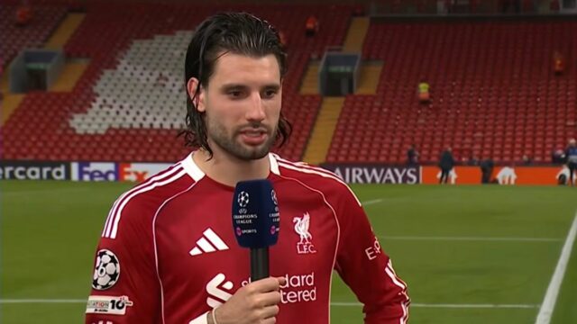 LIVERPOOL, ANGLICKO – 18. marca: Dominik Szoboszlai z Liverpoolu oslavuje svoj 3. gól počas zápasu osemfinále 2. kola Ligy majstrov UEFA 2025/26 medzi Liverpool FC a Galatasaray SK na Anfielde 18. marca 2026 v Liverpoole v Spojenom kráľovstve. (Foto: Simon Stacpoole/Offsajd/Offsajd cez Getty Images)