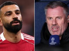 Jamie Carragher hovorí, že Mo Salah po odchode z Liverpoolu zostúpi pred Cristiana Ronalda Mohamed Salah oslavuje po strelení gólu Liverpoolu