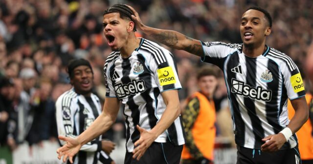 William Osula oslavuje gól za Newcastle proti Manchestru United