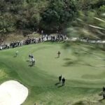 LIV Golf vysielal dron, len chvíľu pred nárazom do stromu (konár videný vpravo)