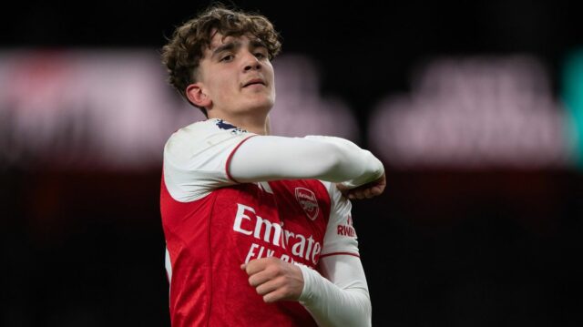 Max Dowman oslavuje strelenie druhého gólu Arsenalu počas zápasu Premier League medzi Arsenalom a Evertonom na Emirates Stadium 14. marca 2026 v Londýne v Spojenom kráľovstve. 