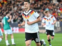 Nemeckí hráči do 21 rokov prekonali tímy Severného Írska do 21 rokov Nicolo Tresdoli oslavuje gól