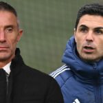 Mikel Arteta, manažér Arsenalu a Andrea Berta, športový riaditeľ Arsenalu, oslavujú po zápase štvrťfinále UEFA Champions League 2024/25 medzi Arsenal FC a Real Madrid CF na štadióne Arsenal 8. apríla 2025