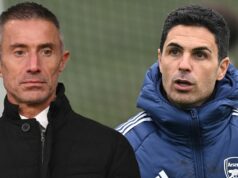 Novinky z Arsenalu: Útočník má veľkú novú ponuku, keďže bola identifikovaná priorita letných prestupov Mikel Arteta, manažér Arsenalu a Andrea Berta, športový riaditeľ Arsenalu, oslavujú po zápase štvrťfinále UEFA Champions League 2024/25 medzi Arsenal FC a Real Madrid CF na štadióne Arsenal 8. apríla 2025