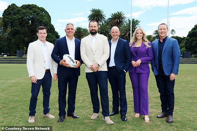 Odhalené: Problém s novou šou NRL od Channel Seven, pri Nová šou na kanáli Sedem obsahuje (zľava doprava) bývalé hviezdy NRL Luke Keary, Corey Parker a Aaron Woods, ako aj reportéri NRL David Riccio a Jelisa Apps a skúsený športový moderátor Matt White.