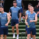 Riccardo Calafiori, Gabriel Martinelli, Oleksandr Zinchenko a Sambi Lokonga z Arsenalu