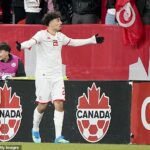 Krídelník Keltu Sebastian Tounekti oslavuje v Toronte gól za Tunisko proti Haiti