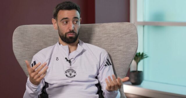 Skutočný pohľad Bruna Fernandesa na Michaela Carricka pri odstraňovaní mužských smerníc Utd|Futbal|Športová aktivita 
