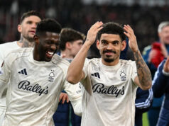 Slávna noc pre Forest v sezóne do značnej miery zabudnúť Nicolas Dominguez oslavuje gól pre Forest