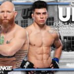 LAS VEGAS, NEVADA – 5. apríla: (RL) Josh Emmett udrel Lerone Murphyho z Anglicka v ich zápase pérovej váhy počas podujatia UFC Fight Night na UFC APEX 5. apríla 2025 v Las Vegas, Nevada. (Foto: Jeff Bottari/Zuffa LLC)