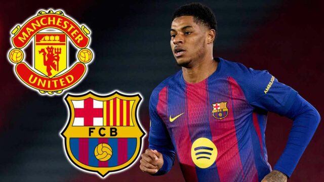 Marcus Rashford z FC Barcelona oslavuje po strelení štvrtého gólu svojho tímu so svojím spoluhráčom Marcom Casadom z FC Barcelona počas zápasu MD8 fázy Ligy majstrov UEFA 2025/26 medzi FC Barcelona a FC Kodaň na Spotify Camp Nou