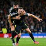 Lewis Ferguson oslavuje minulý rok v Hampdene svoj prvý škótsky gól proti Grécku