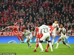 Bayern Mníchov 4-3 Real Madrid (6-4 na agg): Impozantní nemeckí giganti podčiarkujú, prečo sú tímom Európy v úchvatnom zápase – keďže Harry Kane strelil svoj 50. gól v sezóne, píše CHRIS WHEELER Luis Diaz (vľavo) bol hrdinom Bayernu Mníchov, keď strelil tento víťazný gól proti Realu Madrid