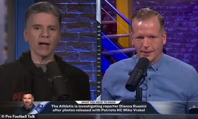 Bizarný moment zasvätenca NFL ukončil diskusiu o škandále Dianna Russini-Mike Analytika NFL Chrisa Simmsa (vpravo) prerušil Mike Florio (vľavo) pri diskusii o fotografiách reportérky Dianny Russiniovej a hlavného trénera New England Patriots Mikea Vrabela.