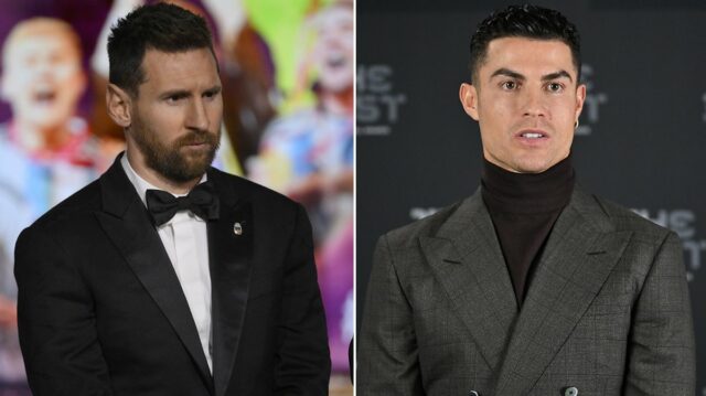 Nominant na Zlatú loptu FIFA Cristiano Ronaldo z Portugalska a Real Madrid sedí s kandidátom na Zlatú loptu FIFA Lionelom Messim z Argentíny a Barcelony počas galavečera Zlatej lopty FIFA 2015 v Kongresshaus