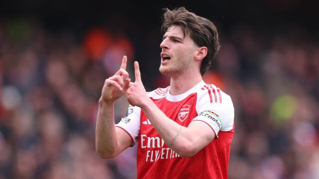 Declan Rice z Arsenalu počas zápasu Premier League medzi Arsenalom a Bournemouthom na Emirates Stadium 11. apríla 2026 v Londýne, Spojené kráľovstvo