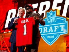 Draftové spravodajstvo ESPN kritizovala bývalá hviezda NFL pre nepríjemný problém s vysielaním na živom televíznom prenose Rueben Bain Jr. z Miami pózuje s komisárom NFL Rogerom Goodellom po tom, čo ho Tampa Bay Buccaneers vo štvrtok večer v Pittsburghu zvolili celkovo na 15. mieste.