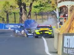 Grant Denyer vracia úder po tom, čo bol obvinený zo spôsobenia dopravnej nehody, pri ktorej mal vodič zlomenú chrbticu – a potom to zľahčoval na sociálnych sieťach Grant Denyer (v prednom aute) je na snímke zlomok sekundy po zrážke s Volkswagenom Richarda Barrama na 6-hodinových pretekoch Bathurst minulý víkend.