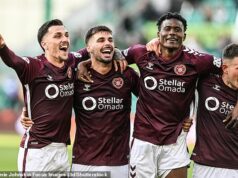 Hviezda Hearts Claudio Braga priznáva, že cent v Gorgie len niektorým začína klesať, keď škótski chlapci odhaľujú obrovský sklon k titulu Tynecastle Kyziridis, Braga, Kabore a Kerjota (zľava doprava) oslavujú víťazstvo na Easter Road