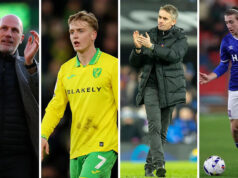 Kanáriky letiace ako Ipswich ladia na derby duel Šesť najlepších strán šampionátu uvedených v tabuľke formulárov od 1. januára s fotografiou šéfa Norwichu Philippa Clementa, ktorý má na sebe čiernu baseballovú čiapku, šál a kabát, pričom svojim fanúšikom dáva palec hore.