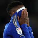 Hviezda Leicesteru City Patson Daka počas remízy proti Hull City, vďaka ktorej jeho klub zostúpil do League One