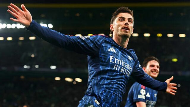 Kai Havertz z Arsenalu oslavuje strelenie úvodného gólu počas štvrťfinálového zápasu UEFA Champions League 2025/26 medzi Sporting Clube de Portugal a Arsenal FC na Estadio Jose Alvalade 7. apríla 2026 v portugalskom Lisabone.