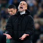 Pep Guardiola, manažér Manchestru City, reaguje počas MD5 fázy Ligy majstrov UEFA 2024/25 medzi Manchester City a Feyenoord na City of Manchester Stadium 26. novembra 2024 v Manchestri v Anglicku.