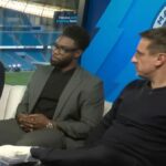 Patrick Vieira vracia úder po podaní Garyho Nevilla proti Pepovi Guardiolovi a Man City