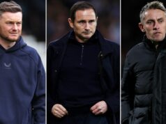 Po zvrate v play-off s Coventry na pokraji vrcholia preteky o postup na šampionát Frank Onyeka, Milan Van Ewijk a Jack Rudoni z Coventry City oslavujú víťazstvo po záverečnom hvizde počas zápasu Sky Bet Championship medzi Coventry City a Derby County v Coventry Building Society Arena v Coventry, Spojené kráľovstvo, 3. apríla 2026. (Foto: Kevin Hodgson/MI News/NurPhoto cez Getty Images)