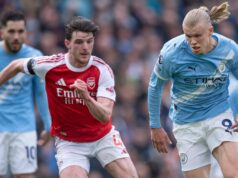 Posledných päť zápasov Arsenalu a Man City a koľko bodov získali v opačných zápasoch Erling Haaland z Manchestru City a Declan Rice z Arsenalu v akcii