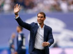 Rafael Nadal reaguje na tenisové kurty v Santiagu Bernabeu Autor fotografie: David S. Bustamante/Soccrates/Getty Images