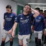 Declan Rice z Arsenalu v tuneli v polčase počas štvrťfinálového zápasu UEFA Ligy majstrov 2025/26 medzi Sporting Clube de Portugal a Arsenal FC na Estadio Jose Alvalade 7. apríla 2026 v Lisabone, Portugalsko