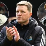 Joelinton z Newcastle United FC (7) oslavuje po tom, čo Anthony Gordon (nevidený) strelil druhý gól Newcastlu počas semifinálového zápasu Carabao Cupu medzi Arsenalom a Newcastle United na Emirates Stadium 7. januára 2025 v Londýne v Anglicku.