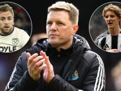 Sen Newcastlu odštartuje 11. sezónu v budúcej sezóne, ak bude prestup unesený a dvaja útočníci podpíšu zmluvu Joelinton z Newcastle United FC (7) oslavuje po tom, čo Anthony Gordon (nevidený) strelil druhý gól Newcastlu počas semifinálového zápasu Carabao Cupu medzi Arsenalom a Newcastle United na Emirates Stadium 7. januára 2025 v Londýne v Anglicku.