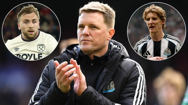 Joelinton z Newcastle United FC (7) oslavuje po tom, čo Anthony Gordon (nevidený) strelil druhý gól Newcastlu počas semifinálového zápasu Carabao Cupu medzi Arsenalom a Newcastle United na Emirates Stadium 7. januára 2025 v Londýne v Anglicku. 