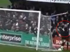Šokujúci moment, keď brankár ‚PUNCHES a súperovho fanúšika‘ za bránkou počas zápasu predtým, ako ho na plný úväzok odvedie ochranka z ihriska Na záberoch je údajne vidieť, ako brankár Enfield Town Joe Wright „bije fanúšika“
