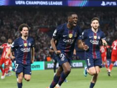 Trojslovná reakcia Erlinga Haalanda na thriller PSG a Bayern Mníchov Ousmane Dembélé z Paríža Saint-Germain oslavuje