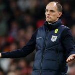 Thomas Tuchel, hlavný tréner Anglicka, reaguje na okraj počas medzinárodného priateľského zápasu medzi Anglickom a Japonskom na štadióne Wembley 31. marca 2026 v Londýne v Anglicku.