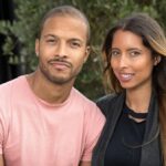 Obrázok zobrazuje dospelého muža a ženu, ktorí stoja blízko pri sebe, usmievajú sa a pózujú pre fotografiu vo vonkajšom prostredí. Sú obklopené zeleňou a kulisou, ktorá naznačuje prostredie záhrady alebo parku. Samec je oblečený vo svetloružovom tričku, zatiaľ čo samica má oblečené sako tmavej farby cez čierny top.