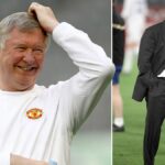 Sir Alex Ferguson z Manchestru United sa počas tréningu usmieva